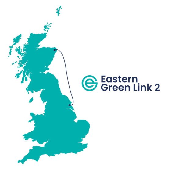 A map showing the route of the Eastern Green Link 2 subsea cable.