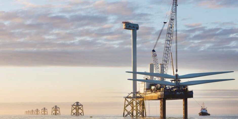 An offshore wind farm under construction. Ormonde Offshore Wind Farm. Irish Sea. Supplied by Vattenfall.