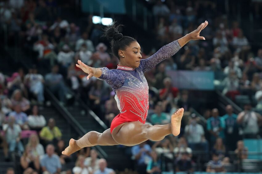 Mandatory Credit: Photo by Xinhua/Shutterstock (14621305bk)
Simone Biles of the United States competes during the women's floor exercise final of artistic gymnastics at the Paris 2024 Olympic Games in Paris, France, Aug. 5, 2024.