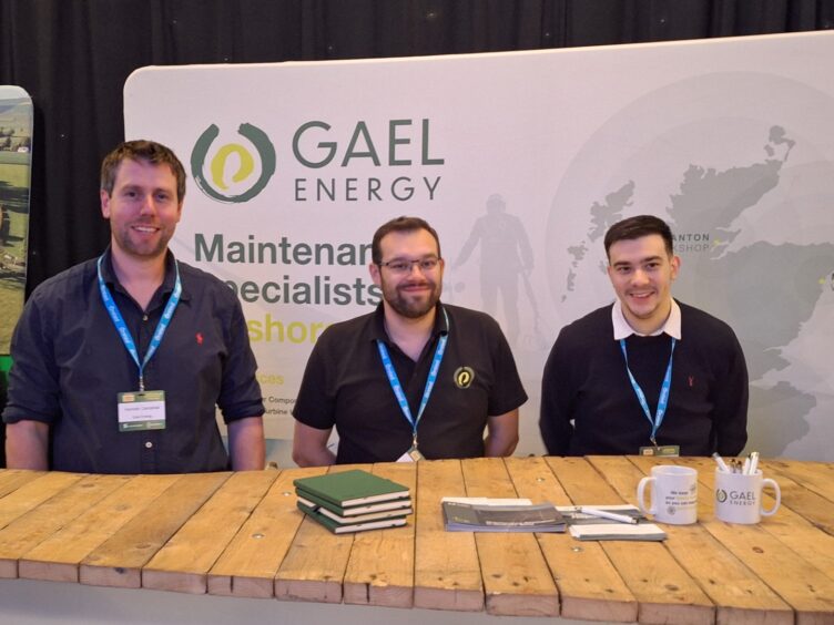 Gael Energy managing director Hamish Campbell, area manager for northeast Julien Vialettes and commercial lead Jamie Cameron at their stand at Onshore Wind Conference 2024. 