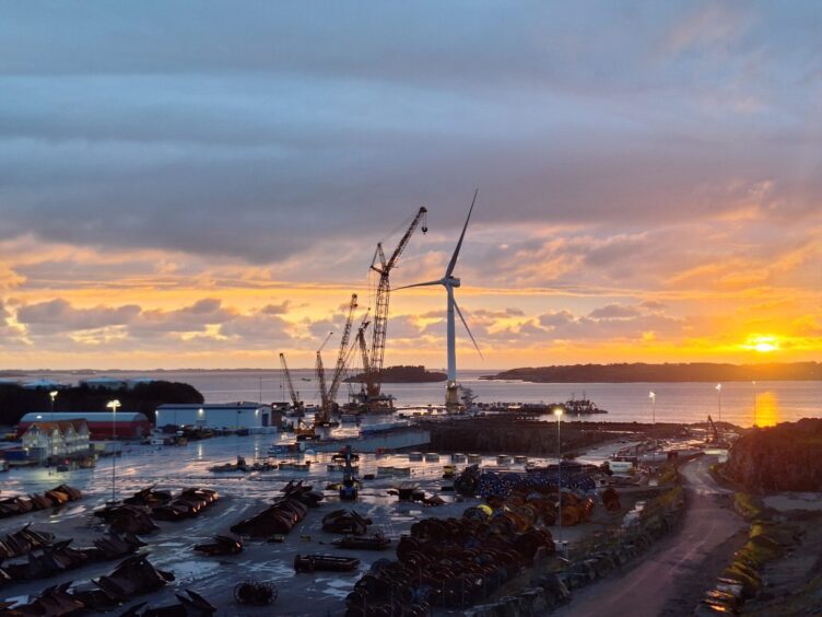 Five Hywind Scotland turbines in Port of Wergeland, Norway.