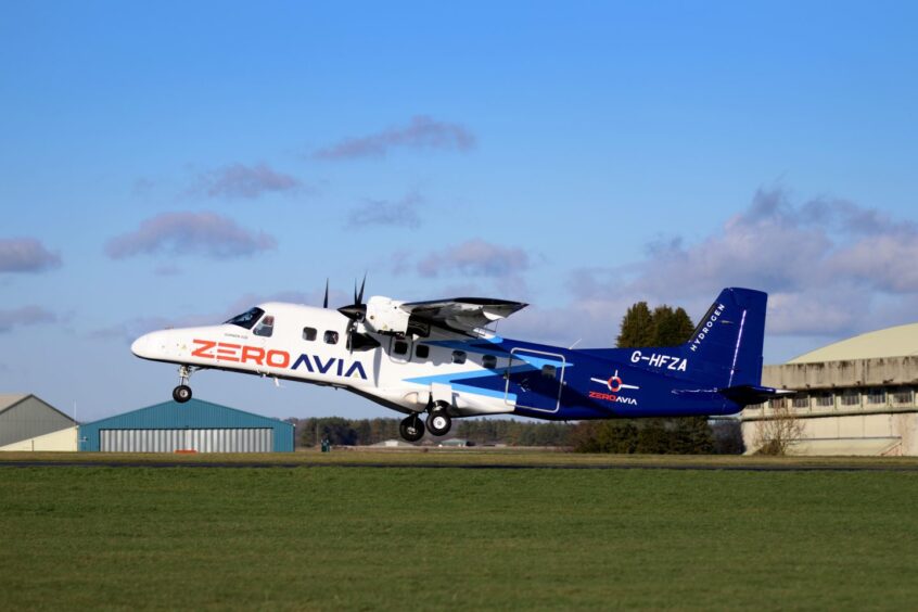 A ZeroAvia test flight on a Dornier 228 aircraft at Cotswold Airport.