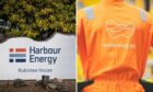 A sign outside the Harbour Energy offices in Rubislaw (left) and a Wintershall Dea employee (right).