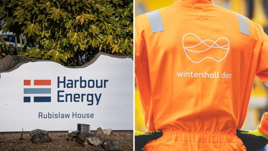 A sign outside the Harbour Energy offices in Rubislaw (left) and a Wintershall Dea employee (right).