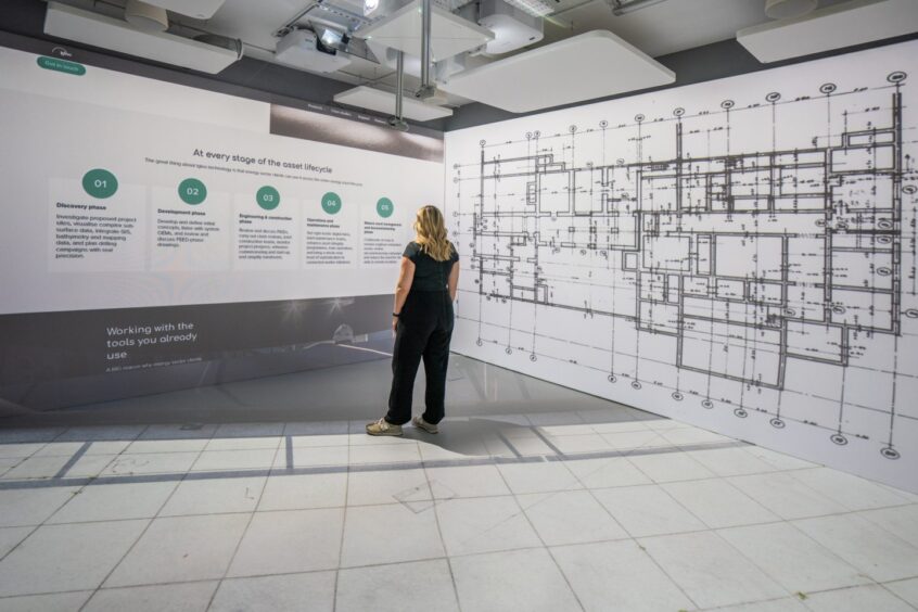 plans and data displayed on an igloo immersive system