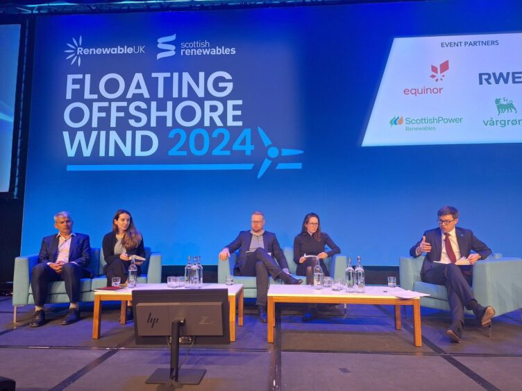 L to R: Sebastien Tessier, EPCI director EDF Renewables; Susanna Isola, offshore wind investment lead, Department for Business and Trade (DBT); Simon Little, director, UK Infrastructure Bank; Laura Fidao, investment director, Scottish National Investment Bank; Adam Morrison, UK country manager, Ocean Winds and chair of Scottish Renewables.