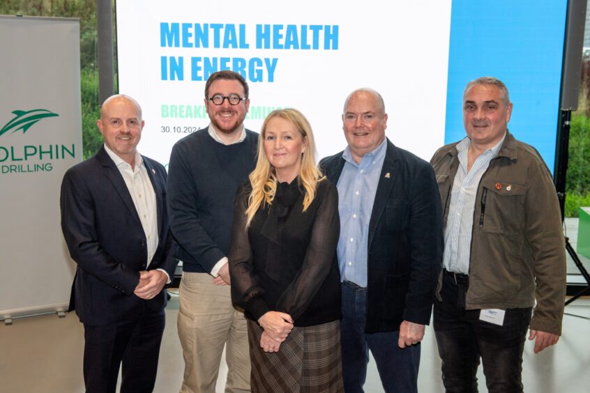 Picture (L-R) Darren Sutherland (VP of Europe and Africa at Borr Drilling), Rev Michael Mair (chaplain to the UK offshore energies industry), Ann McCreath (HSSES services delivery manager operations EMEA at Wood), Stuart Clow, Simon Lee Maryan (psychologist).