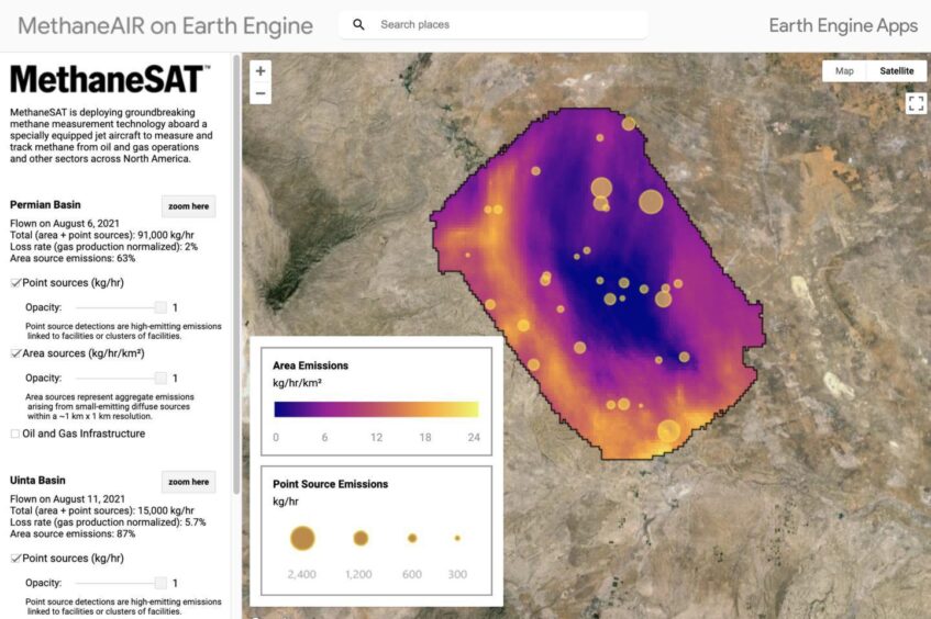 A sample of methane emissions data on Google Earth from MethaneSAT.