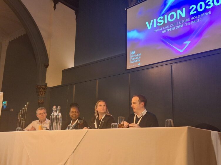  Axis Network Vision 2030 panel L to R: David Whitehouse, chief executive of Offshore Energies UK (OEUK), Myrtle Dawes, chief executive of the Net Zero Technology Centre (NZTC), Claire Mack, chief executive of Scottish Renewables and Stuart Payne, chief executive of the North Sea Transition Authority (NSTA).