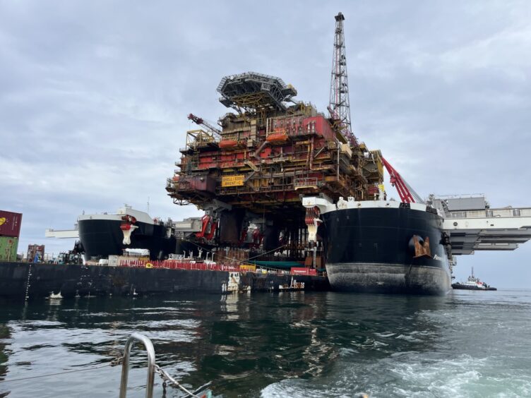 The Brent Charlie topside aboard the Allseas Iron Lady cargo barge.