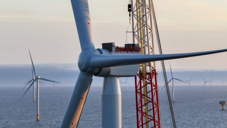 The final wind turbine going up at Ocean Winds Moray West offshore wind farm.