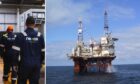 Nexos employees (right) and the EnQuest Thistle Alpha platform in the North Sea.