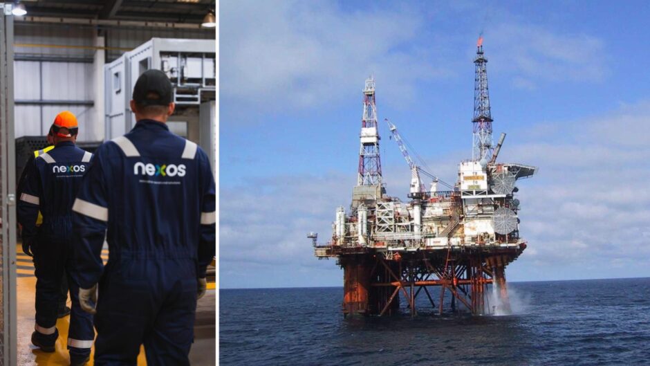 Nexos employees (right) and the EnQuest Thistle Alpha platform in the North Sea.