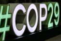 A logo of COP29 of United Nations Climate Change Conference COP29, an event held by United Nations Framework Convention on Climate Change (UNFCCC) at Baku Olympic Stadium. Image: Dominika Zarzycka/SOPA Images/Shutterstock