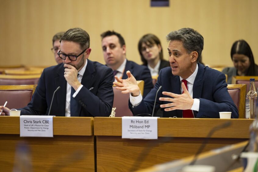 To go with story by Mathew Perry. Ed Miliband and Chris Stark Picture shows; Rt Hon Ed Miliband MP, The Secretary of State for Energy Security and Net Zero (Doncaster North, Labour) and Head of Mission Control for Clean Power 2030 Chris Stark. House of Lords, Westminster. Supplied by House of Lords Date; 21/01/2025