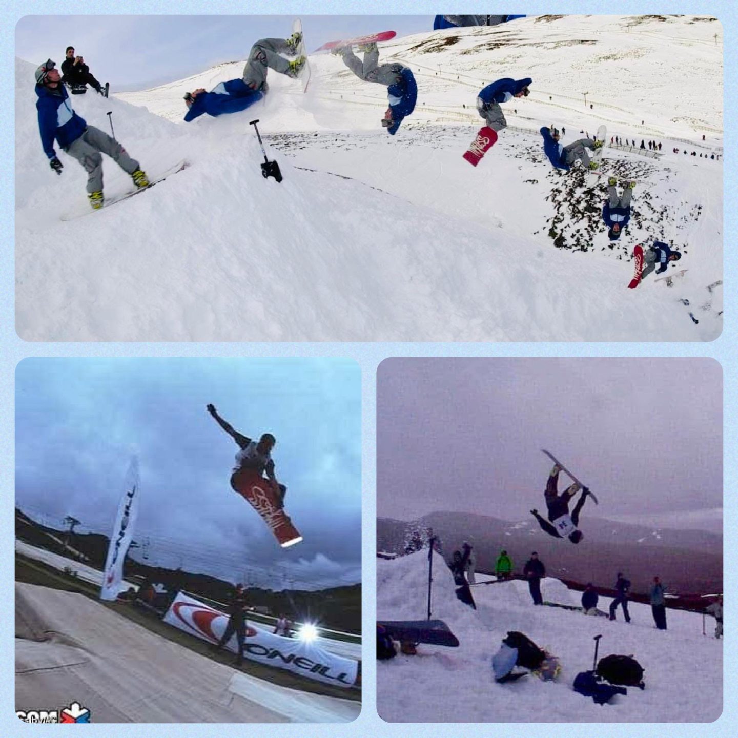 Multiple photographs of Allan Basil snowboarding . 