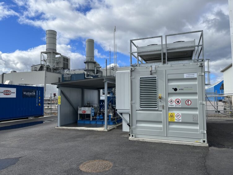 Electrolyser and hydrogen storage at Siemens' Zero Emission Hydrogen Turbine Center (ZEHTC) . Finspang, Sweden.