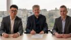 From left: Red Rock Renewables CEO Xiaomeng Chen; Inch Cape project director John Hill and ESB head of offshore wind, hydrogen and long-term storage Paul Lennon at the Inch Cape Edinburgh office signing the financial close deal.