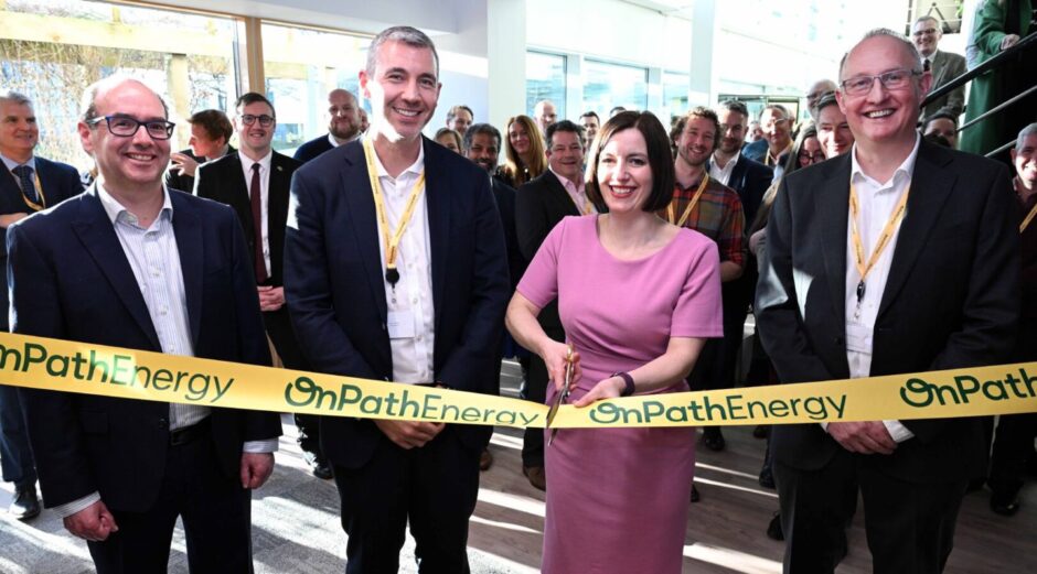 Bridget Phillipson MP cutting the ribbon at OnPath Energy's Chase House headquarters in Sunderland, with (from left) OnPath Energy chief financial officer Simon Fisher, Simon Maine of Brookfield Asset Management and OnPath Energy CEO Richard Dunkley.