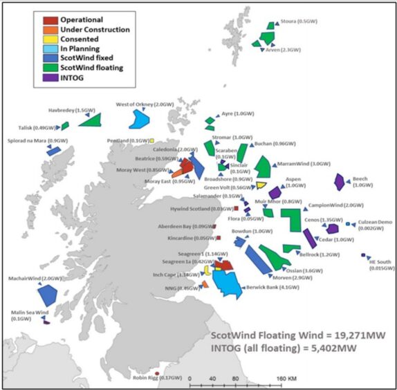 Map showing offshore wind development plans in Scotland and Ireland. 