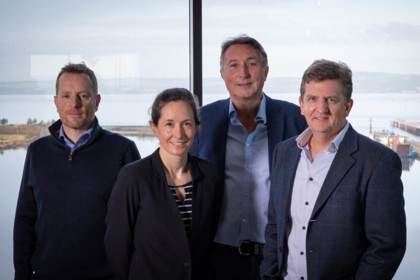 (l-r) Jimmy Williamson, executive director, net zero, Scottish National Investment Bank; Laura Fidao, investment director, net zero, Scottish National Investment Bank; Jon Machin, executive director, Subsea Micropiles; Derek Robertson, CEO and founder, Subsea Micropiles.