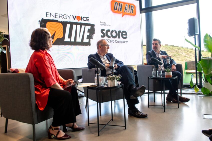 Energy Voice Live podcast event with, from left, Energy Voice news editor Erikka Askeland; Professor Paul Leeuw, director of the Energy Transition Institute at Robert Gordon University (RGU) and Nick Dunn, CEO of Score. Image: Kath Flannery/DC Thomson