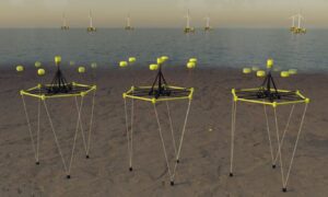 Rendered image of wave energy converter (WEC) device clusters at sea co-located with floating offshore wind turbines.