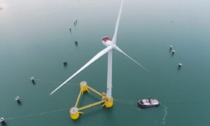 A floating turbine at Floatation Energy's Kincardine offshore wind farm.