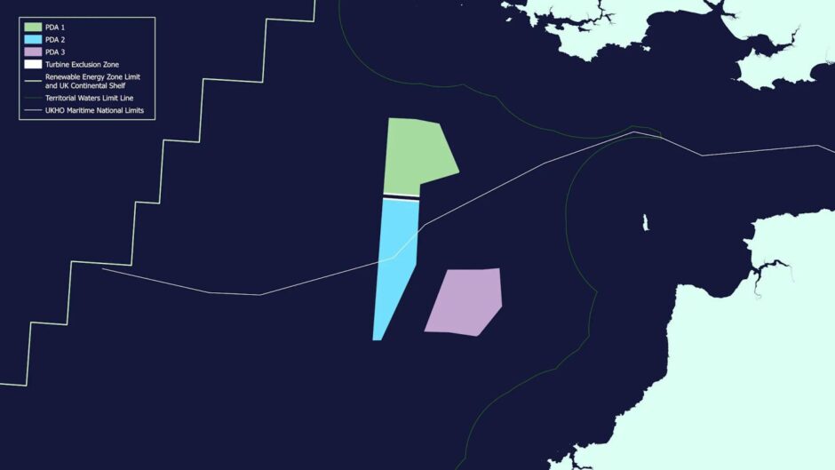 A map showing three sites with the potential for 1.5 GW floating wind capacity in the Celtic Sea identified by The Crown Estate.