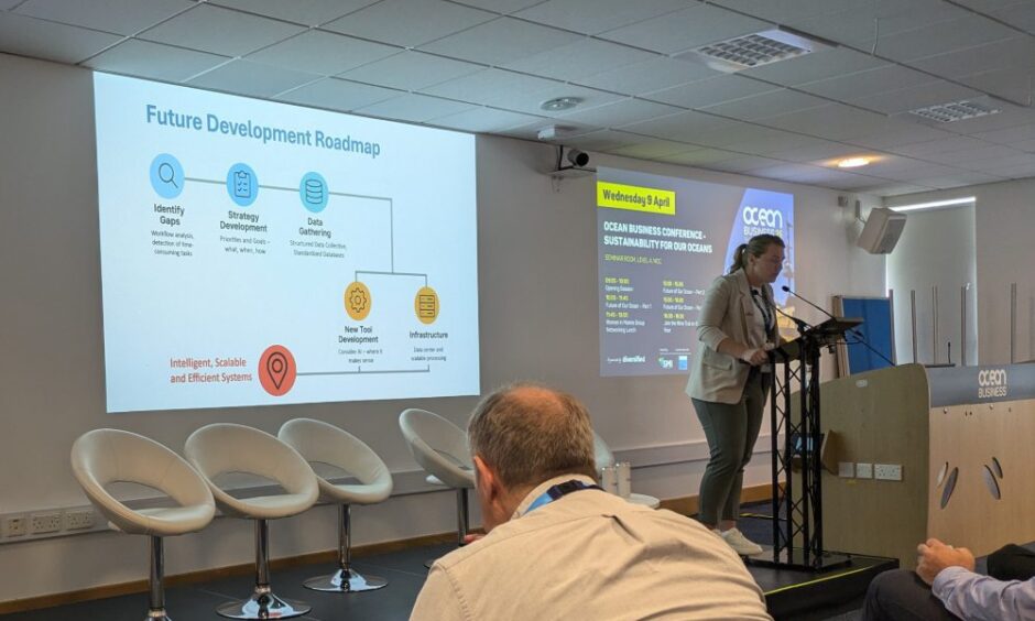 Andrijana Horvat, research and development lead at Europe-based hydrographic survey provider Hidrocibalae, speaking at the Ocean Business event at the National Oceanography Centre in Southampton docks.