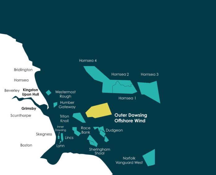 A map of the location of the Outer Dowsing offshore wind farm and surrounding projects.