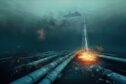 Sabotage of the underwater gas pipelines. Underwater explosion and gas leak. 3D digital illustration.