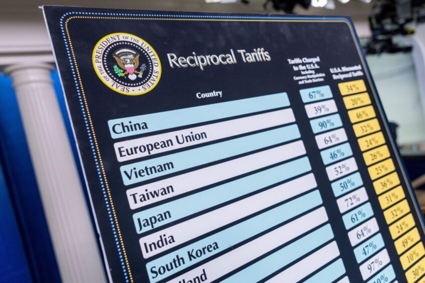 Charts listing the country by country tariffs President Trump levied on 'Liberation Day' are displayed in the press briefing room at the White House in Washington, DC, USA, 03 April 2025.