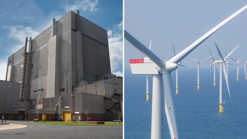 The Heysham One nuclear power station (L) and the West of Duddon Sands offshore wind farm (R). Image: Lancaster City Council/ScottishPower