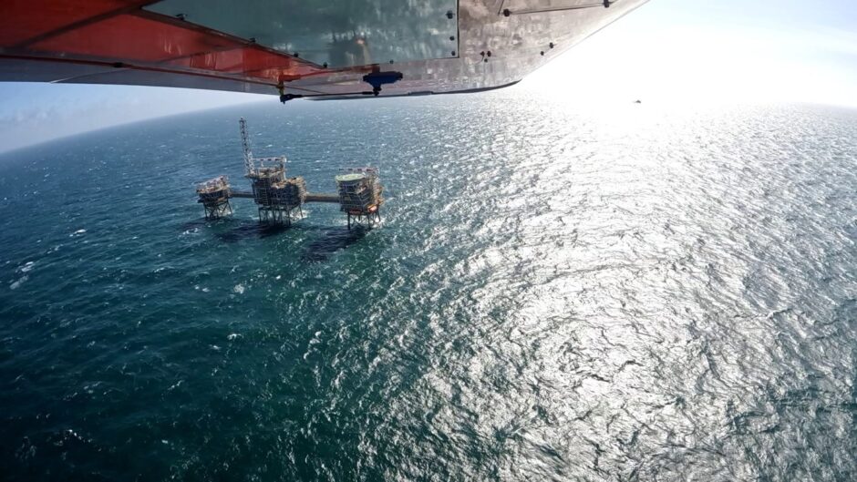 A Flylogix drone approaches the Cygnus A platform in the UK North Sea.