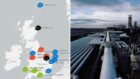 A map showing UK carbon capture and storage (CCS) projects in development (R) and pipeline infrastructure at the St Fergus plant in Scotland (L). Image: Shell/DCT Media