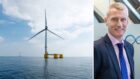 A floating offshore wind turbine (left) and Muir Mhòr offshore wind farm project director David Hinshelwood (right).