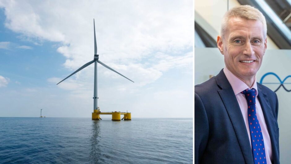 A floating offshore wind turbine (left) and Muir Mhòr offshore wind farm project director David Hinshelwood (right).