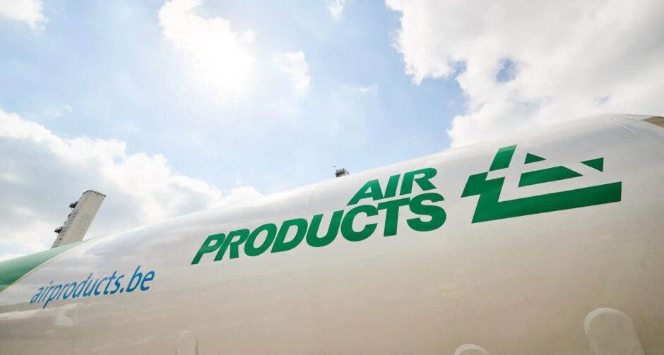 The Air Products logo on a hydrogen transport cylinder.