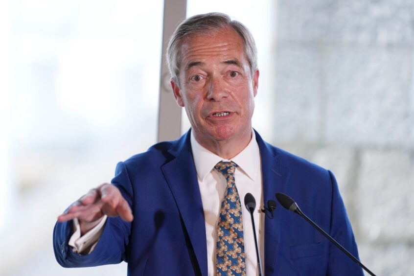 Nigel Farage, Leader of Reform UK delivers a speech at a Reform UK press conference in Aberdeen. Image: Stuart Wallace/Shutterstock