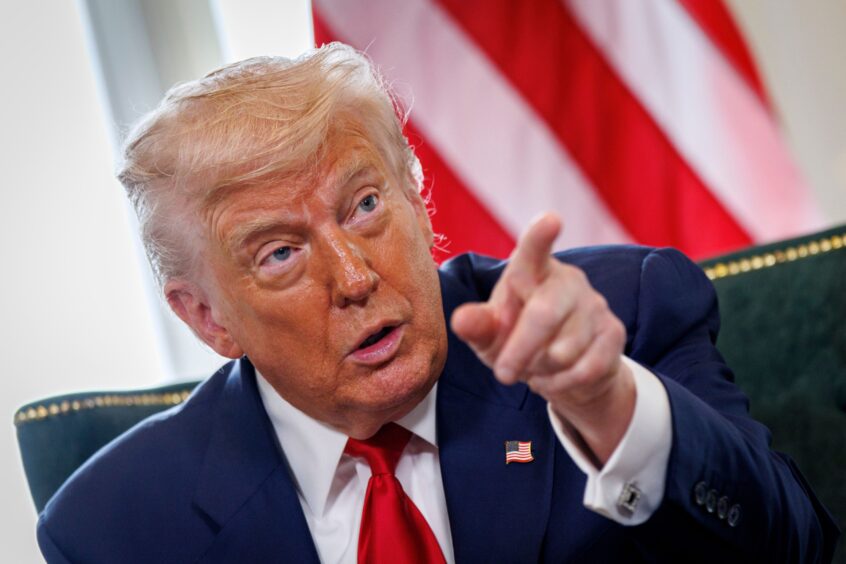 US President Donald J. Trump speaks to the media during a bilateral meeting with British prime minister at the Trump Turnberry golf resort in Turnberry, Scotland, Britain, 28 July 2025. President Trump is on a private trip to Scotland to visit his golf courses.