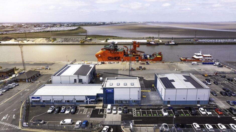 An overhead view of the RWE offshore wind operations and maintenance hub at the Port of Grimsby in the Humber.