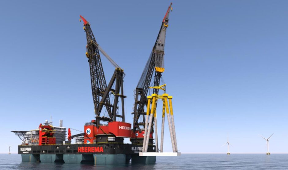 An illustration shows a Heerema vessel deploying a Gravity Tripod structure