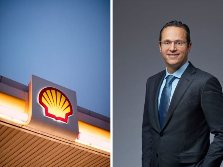 The Shell logo on a petrol station in China (L), and Shell chief executive Wael Sawan (R). Images: Shell