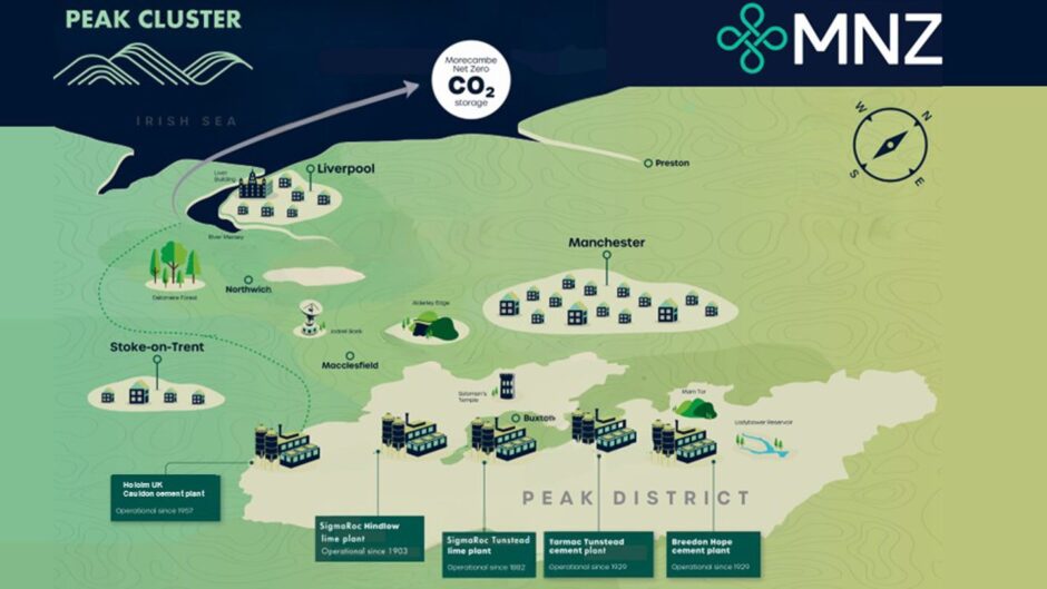 A map outlining plans for the Peak Cluster carbon capture and storage project in the North West of England.