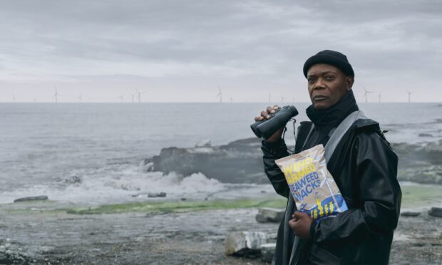 Motherf***in' Samuel L Jackson looking at some motherf***in' wind turbines while holding some motherf***in' seaweed snacks.