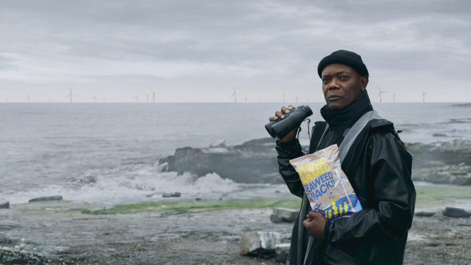 Motherf***in' Samuel L Jackson looking at some motherf***in' wind turbines while holding some motherf***in' seaweed snacks.