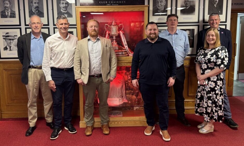Left to right: Jonathan Smith, The Alternative Board (TAB); Graeme Bell, founder, Bell & Associates; Neil Carr, AMS managing director; Martin Taylor, AMS director; Ben Sutherland, general manager, AMS; Nicola Hunter, finance manager, AMS; Graeme Wood, executive chairman, SEO.