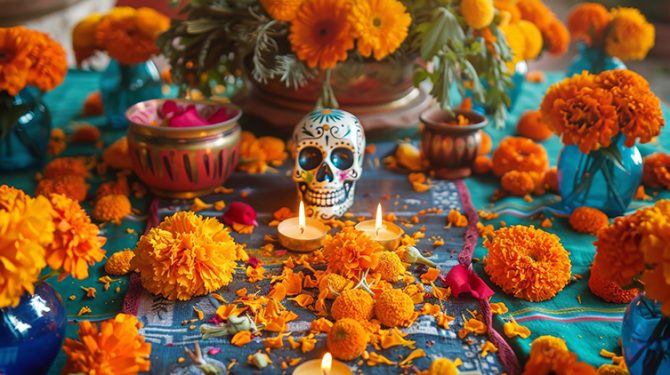 Traditional Dia de los Muertos celebration with skull, candles, and flowers