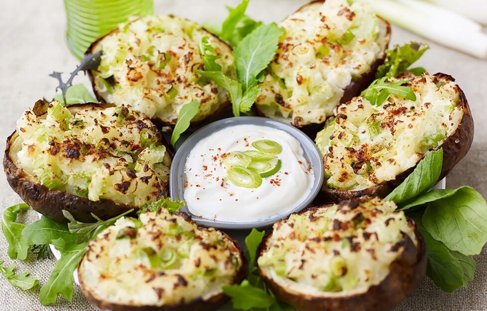 spring onion and celery loaded potato skins